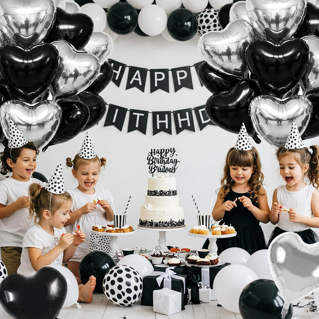 TONIFUL 30Pcs Black & Silver Heart Shape Foil Balloons - 18 Inch Party Decorations for Birthdays & Weddings