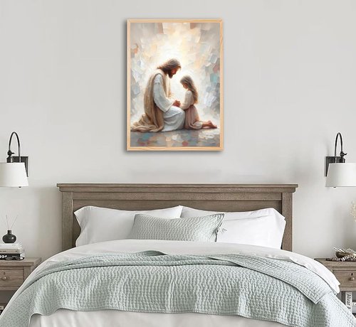Jesus & Girl Wall Art - Christian Spiritual Painting of Jesus Praying with Child | Unframed Religious Decor