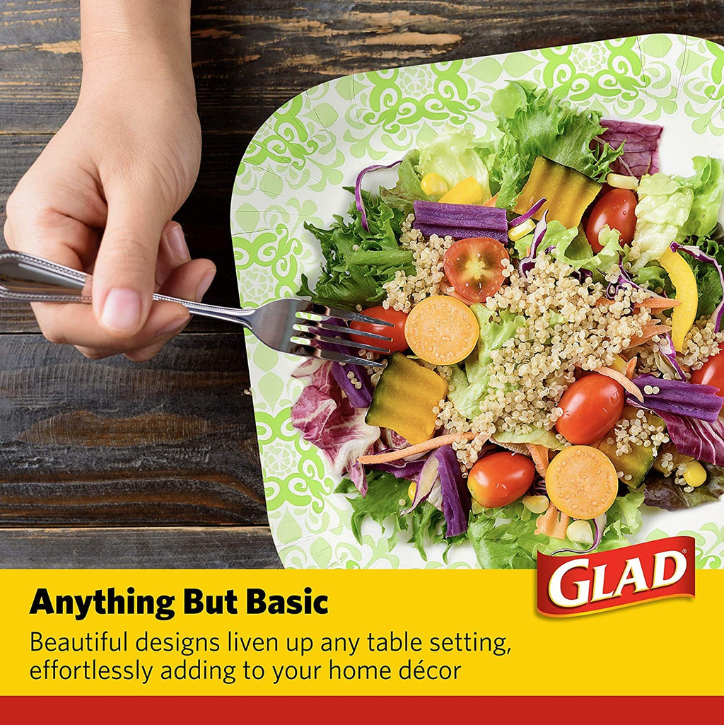 Glad Square Heavy Duty Paper Plates Soak Proof Cut Proof Microwaveable Disposable Plates Parties Everyday Meals Green Victorian Floral Pattern 10 Inch 50 Count 6 Pack Pantry Stocking Bulk Value