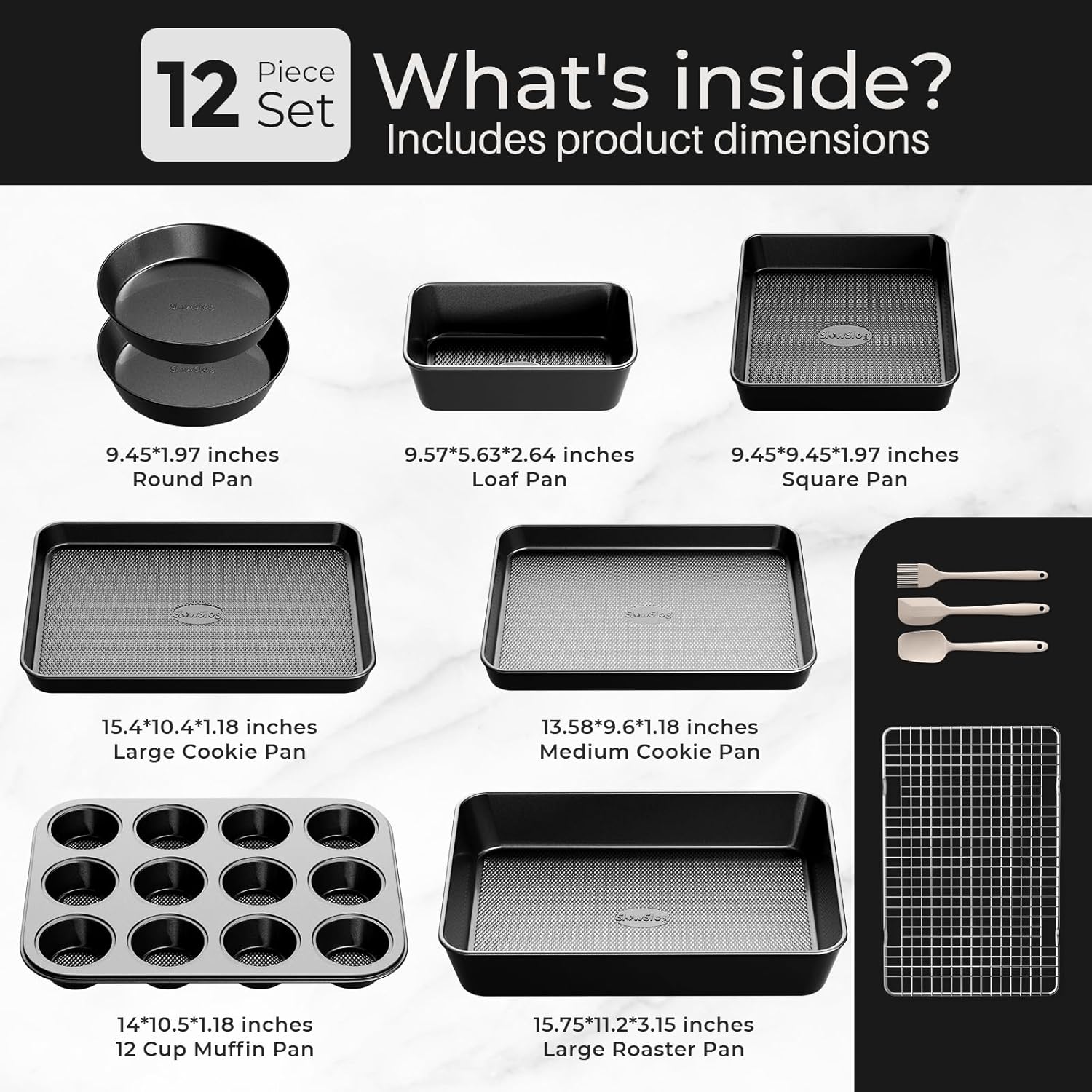 Skiennix 12-Piece Nonstick Bakeware Set - Stackable, Non-Toxic Baking Pans with Utensils & Rack | Black