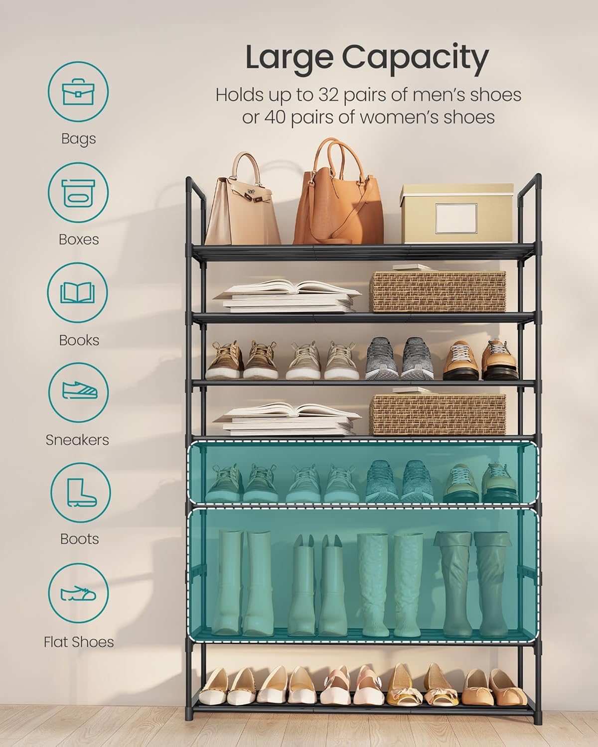 SONGMICS 8-Tier Shoe Rack - Stackable Metal Organizer for 32-40 Pairs | Black, 11.8 x 36.2 x 56.5 Inches