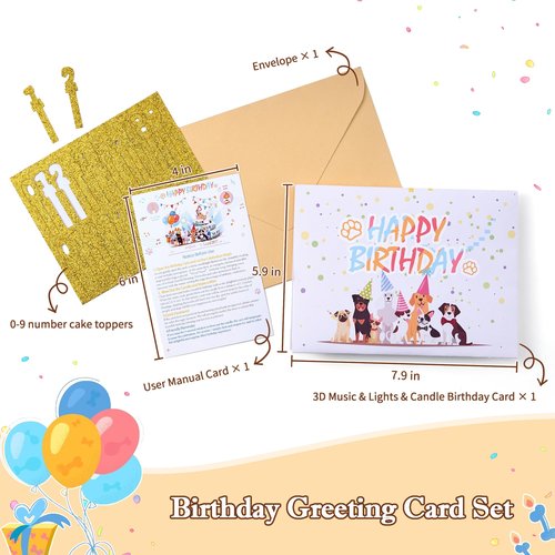 DERAKUS Dog Birthday Cards 3D Pop up Greeting Card with Lights & Woof Music & Blowable Candle Funny Birthday Gifts Card for Dog Lovers Women Men Kids Mom Dad