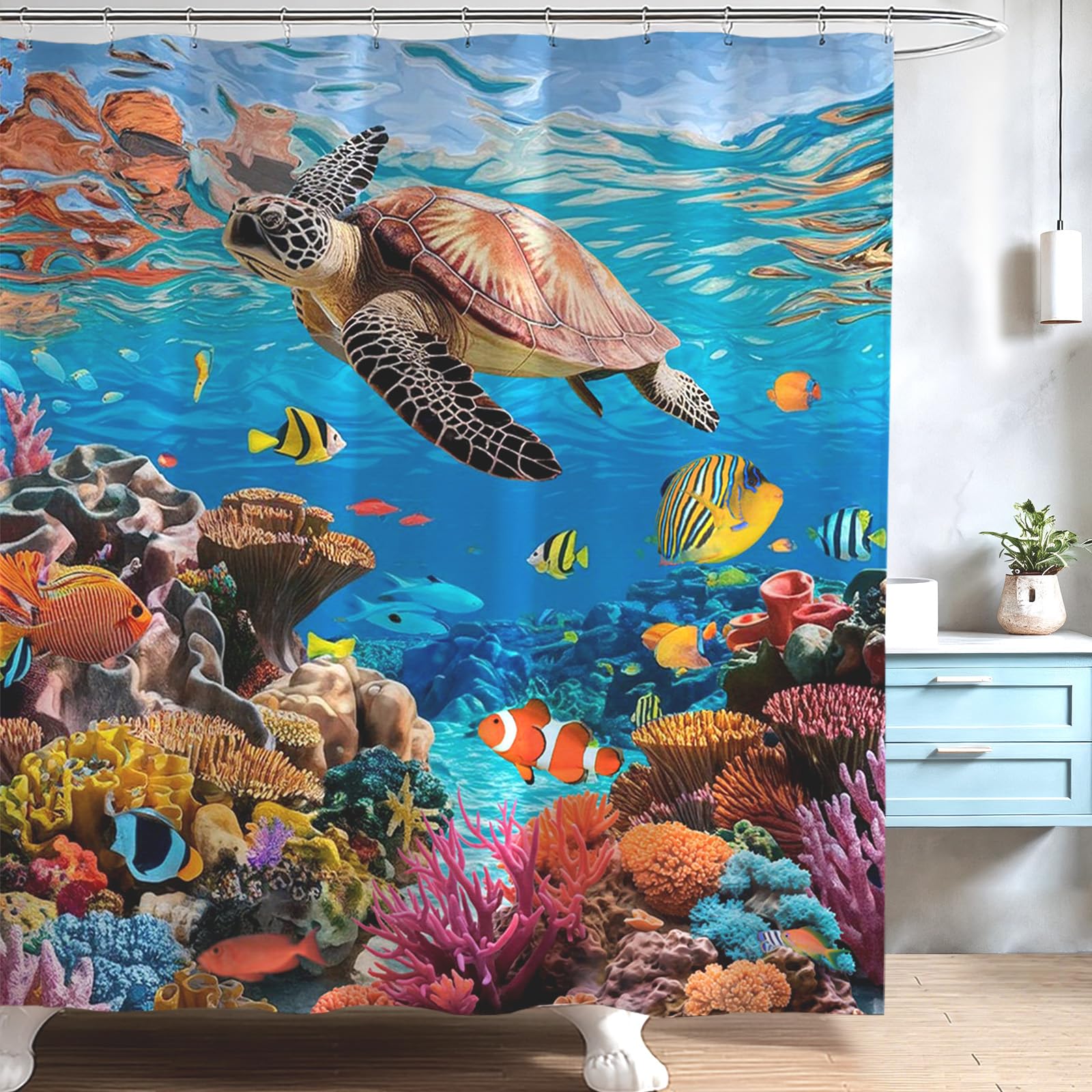 Mocsicka Ocean Shower Curtain Sea Turtle Underwater World Bathroom Decor for Kids Under The Sea Shower Curtain for Bathroom Fishes Coral Waterproof Bath Curtain with Hooks (71x71 Inch, Ocean)
