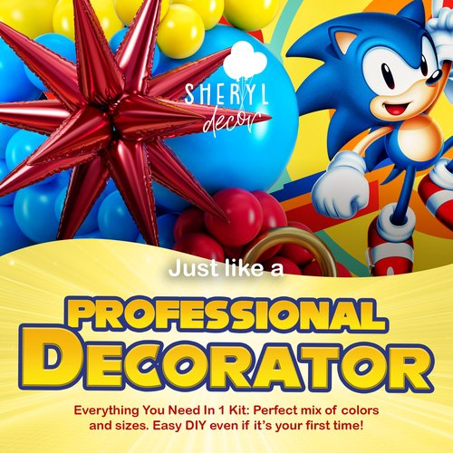 ALL-IN-1 Hedgehog Balloon Arch Kit with BONUS Rings & Starburst Balloons - Red Blue Yellow Balloons Garland for Cartoon Hedgehog Birthday Party Decorations & Party Supplies - Somic Party Decorations S