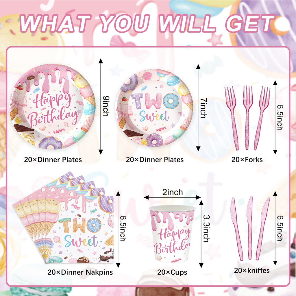 120PCS Two Sweet Birthday Party Supplies Two Sweet Donut Ice Cream Decorations for Baby Girl 2nd Second Birthday Tableware Set Plates Napkins Cups Set for 20 Guests