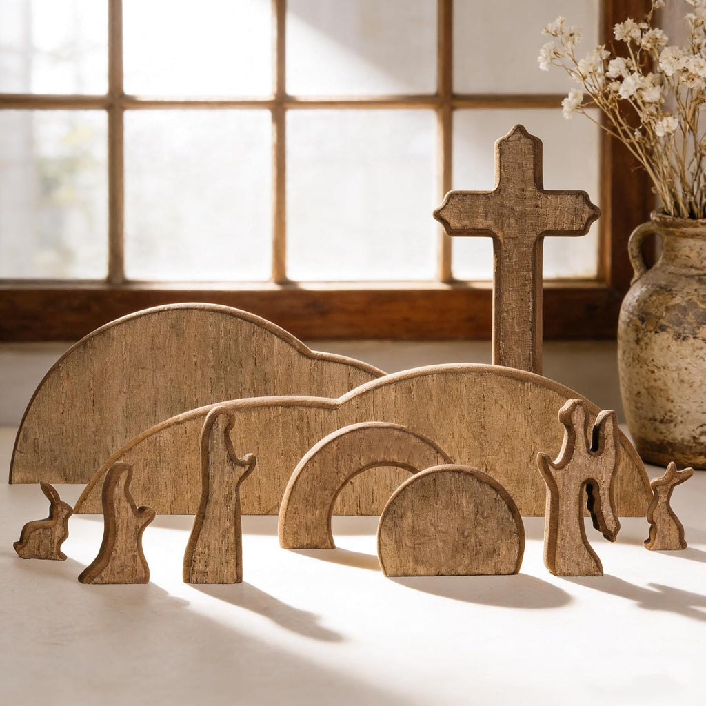 TW SHINE Wooden Easter Scene Decoration - Empty Tomb & Cross Tray Set for Home & Office