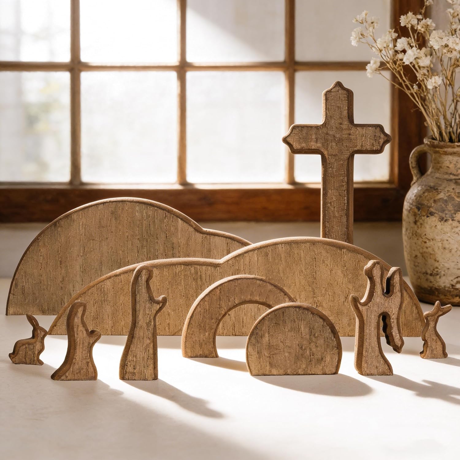 TW SHINE Wooden Easter Scene Decoration - Empty Tomb & Cross Tray Set for Home & Office