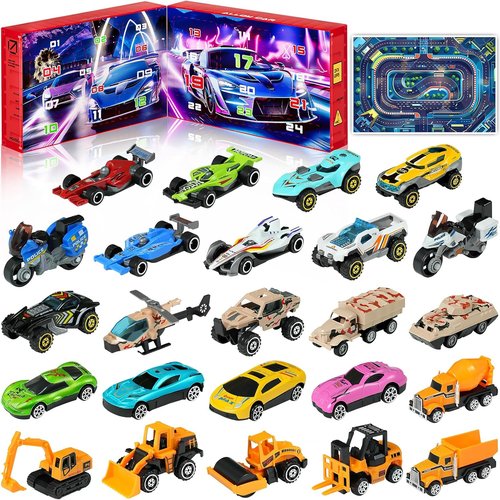 Advent Calendar 2025 - Kids Toy Cars Set with 24 Alloy Vehicles & Play Mat | Perfect Christmas Gift