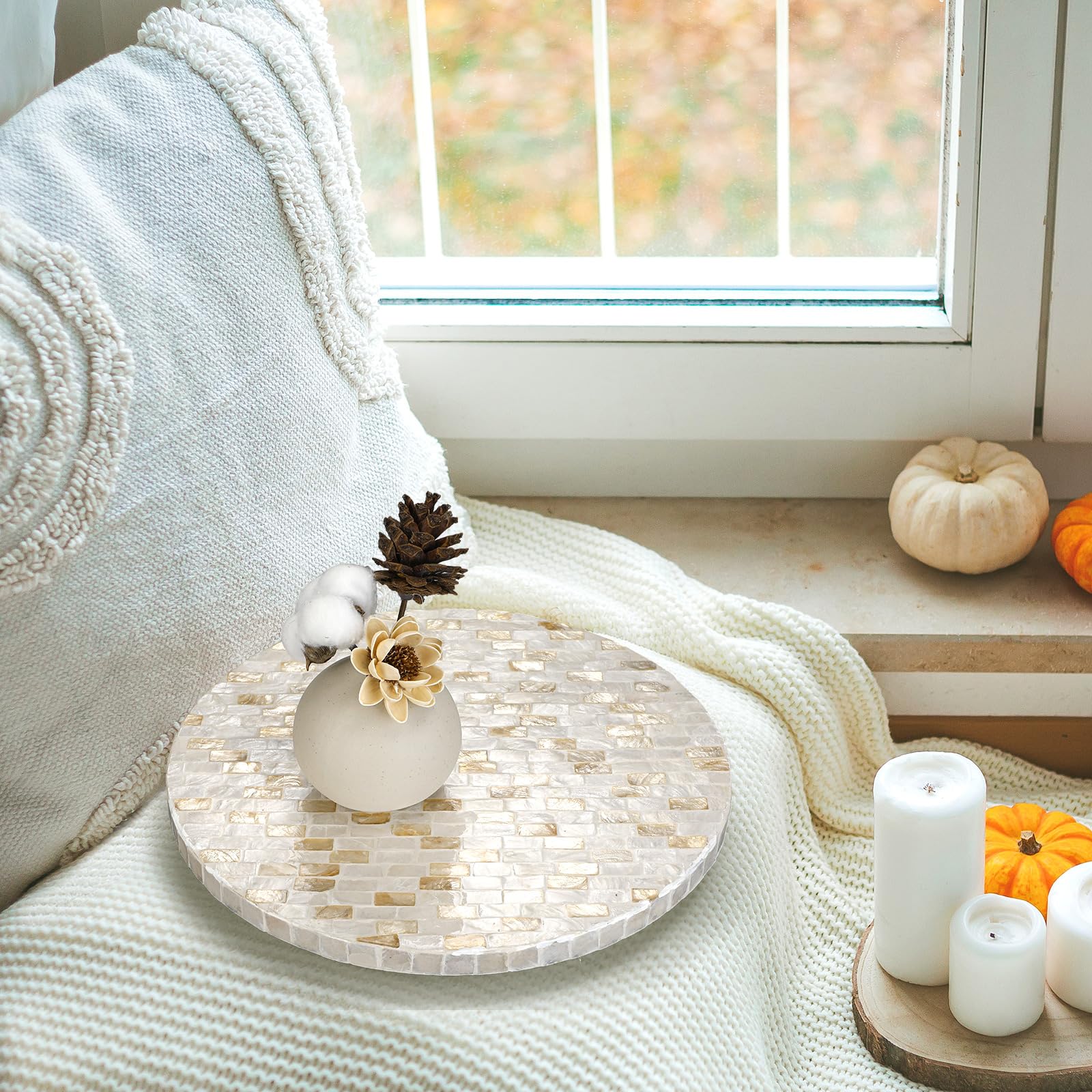 Reallnaive Mother of Pearl Lazy Susan for Table Turntable Organizer Wood Round Spinning Tray Rotating for Kitchen Cabinet Counter Spice Pantry 12 Inch (Marble Pattern)