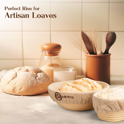 ABIOTO Bread Proofing Baskets for Sourdough Bread Baking - Set of 2 7" Round Banneton Baskets with Liners, Made of Finest Indonesian Rattan - Bake Perfect Artisan Bread Loaves at Home Like a Pro