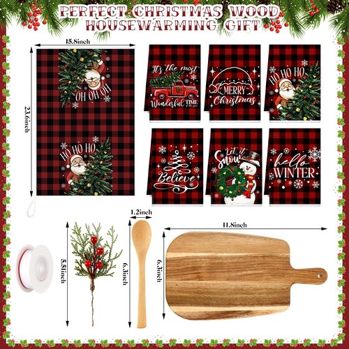 Fanfanwin 6 Sets Christmas Kitchen Gifts Pine Branches Acacia Cutting Board Cooking Spoon Towel Ribbon for Xmas Decoration Friends Family Client Homeowner Apartment Closing Housewarming Favors
