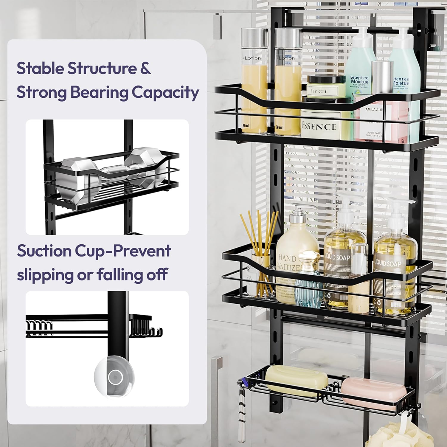 SWTYMIKI Over The Door Shower Caddy - 3-Tier Adjustable Organizer with Soap Holder | No-Drill Stainless Steel, Black