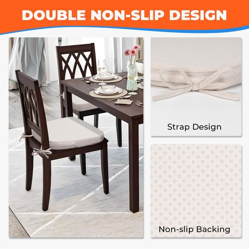 Sunsleek Chair Cushions for Dining Chairs, D-Shaped Seat Cushions with Removable Washable Cover and Ties, Chair Pads for Kitchen, Indoor Dining Room, Patio Chairs, 17'' x 16'', Set of 4, Beige