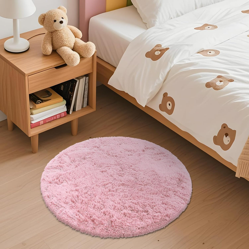 OLANLY Pink Round Area Rug - Soft, Fluffy, Machine Washable 2 ft Circle Carpet for Bedroom & Nursery Decor