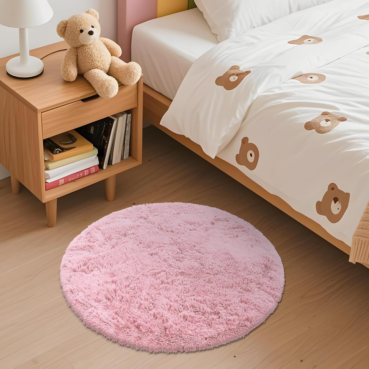 OLANLY Pink Round Area Rug - Soft, Fluffy, Machine Washable 2 ft Circle Carpet for Bedroom & Nursery Decor