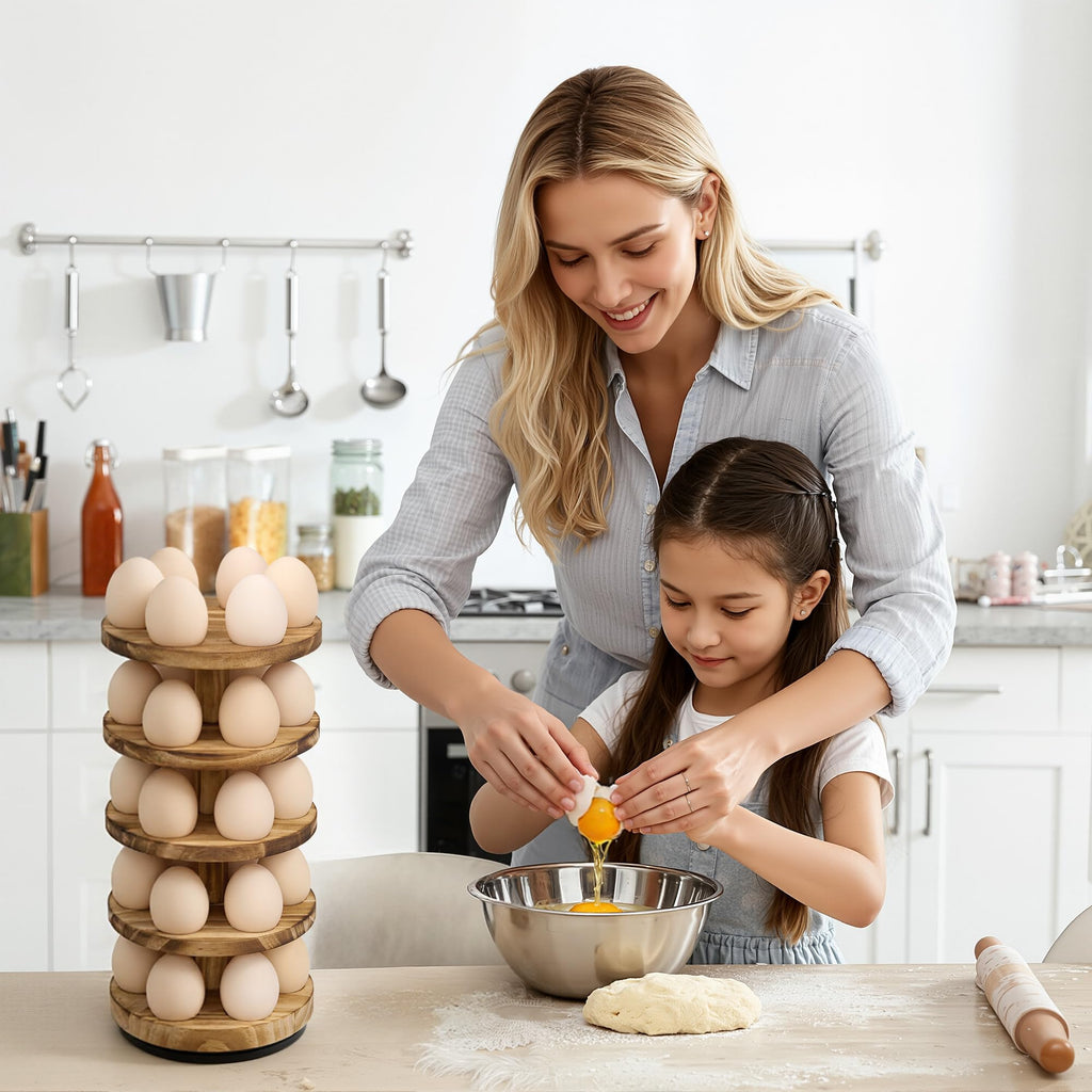 HOMELYSTBO Wooden Fresh Egg Holder Countertop, 5 Layer Rotating Countertop Egg Holder for Fresh Eggs, Stackable with 30 Eggs for Countertop Kitchen, Pine
