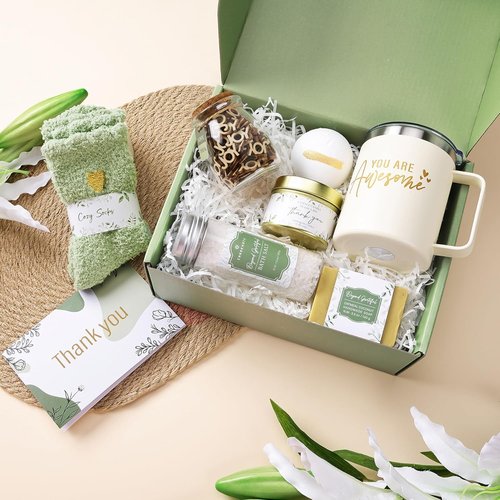 CARAKNOTS Thank You Gift Basket - Sage Green Spa Set with 12oz Mug & Joy Jar for Women, Teachers & Friends