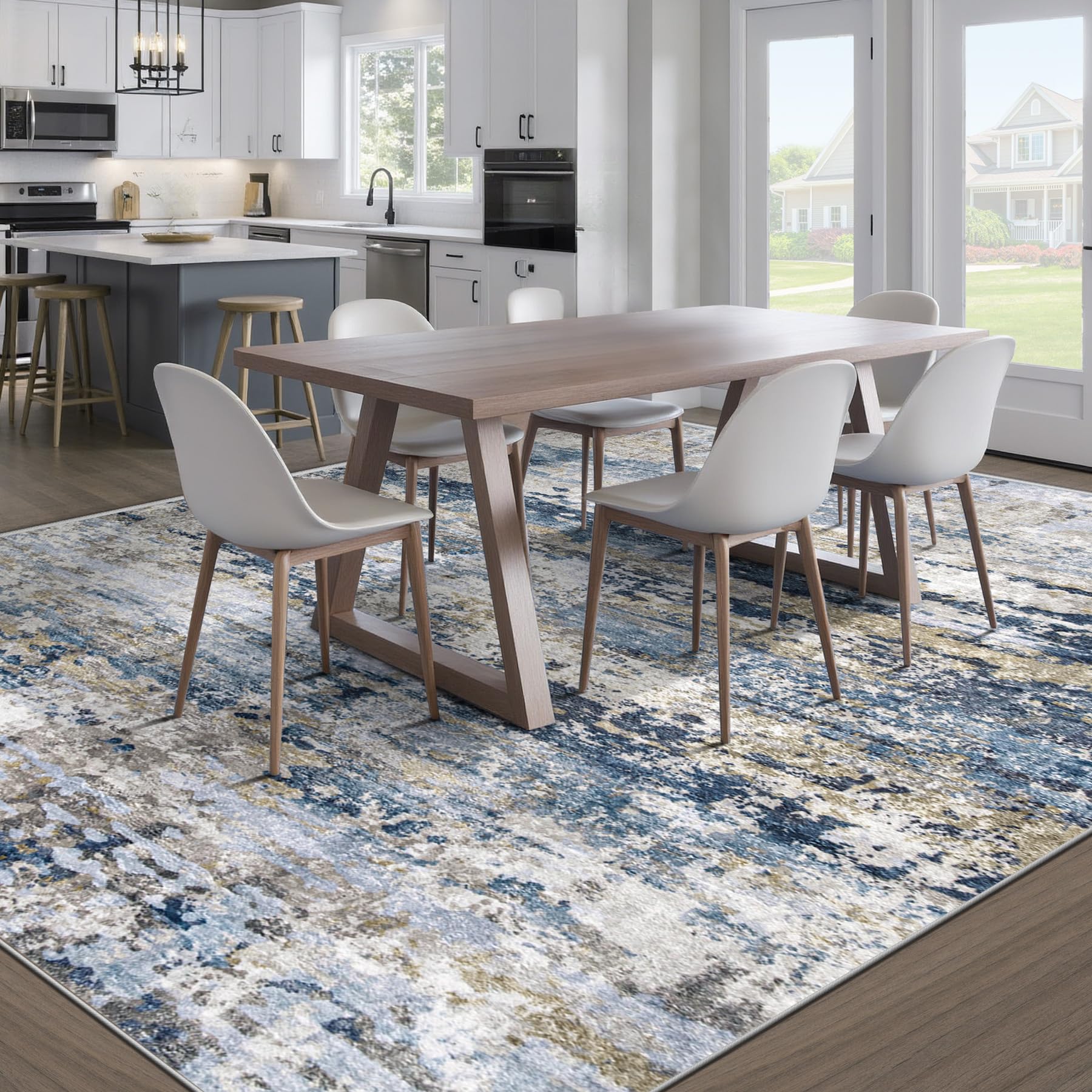 pmtsns Area Rugs 8x10 for Living Room: Washable Rug Modern Abstract Neutral Soft Non-Slip Low-Pile Indoor Large Carpet for Bedroom Dining Room Home Office Children's Room(Blue Grey Brown, 8'x10')