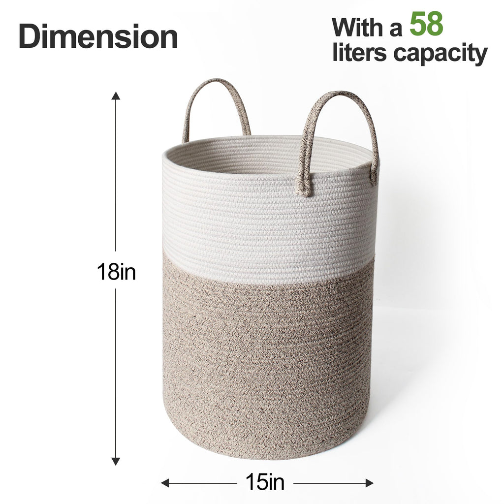 WILLITAT Large Woven Laundry Basket, 15”x18” Tall Blanket Basket Living Room, Cotton Rope Hamper for Bedroom Aesthetic, Baby Nursery, Wicker Hamper for Dirty Clothes, Kids Toy Laundry Storage Bin