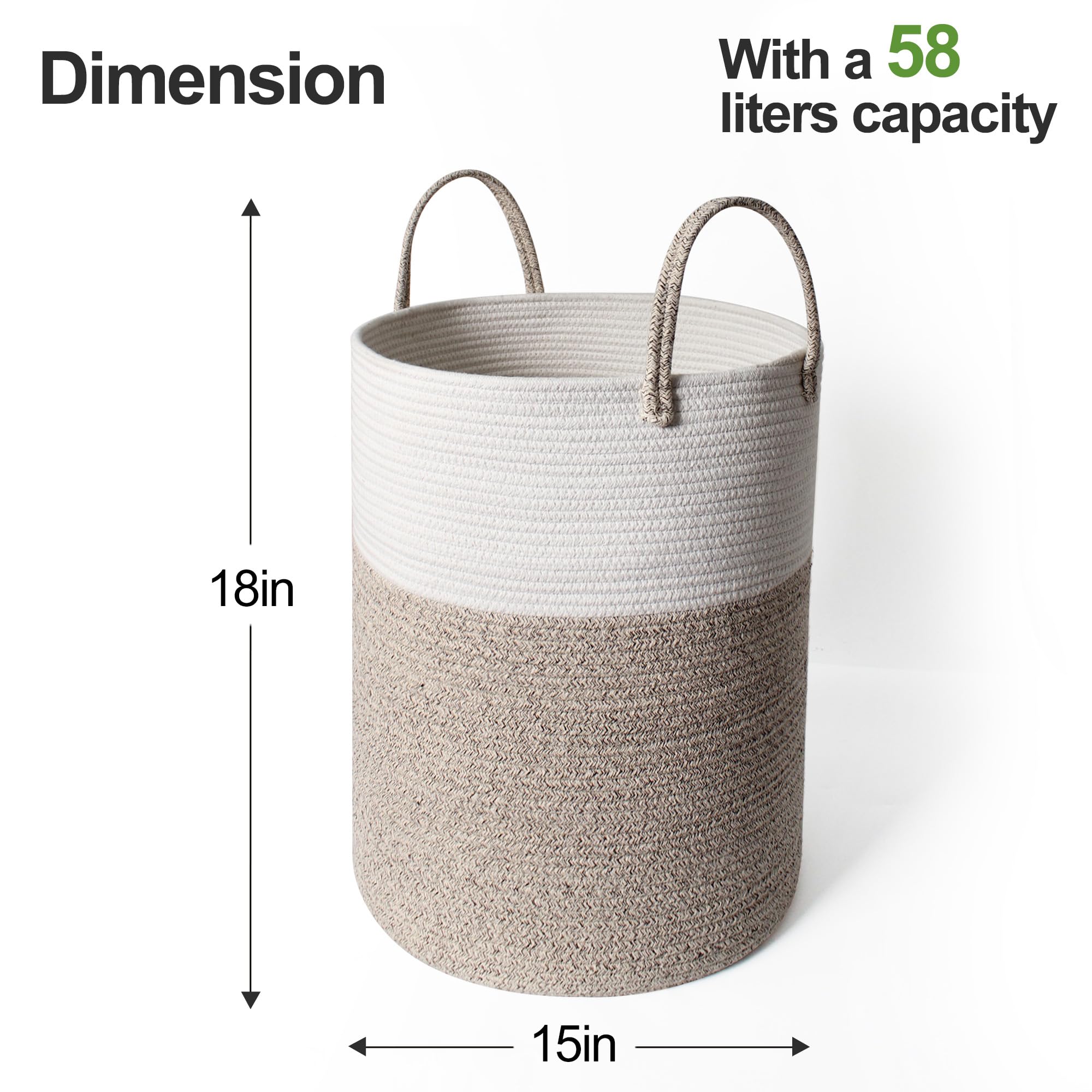 WILLITAT Large Woven Laundry Basket, 15”x18” Tall Blanket Basket Living Room, Cotton Rope Hamper for Bedroom Aesthetic, Baby Nursery, Wicker Hamper for Dirty Clothes, Kids Toy Laundry Storage Bin