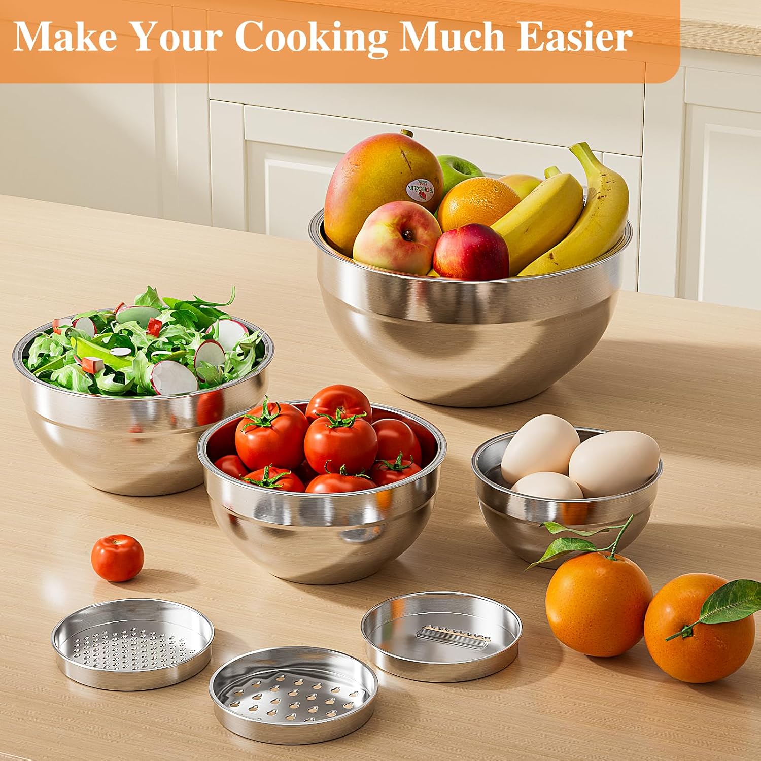 Skiennix Stainless Steel Mixing Bowls Set - 6 PCS with Lids & 3 Grater Attachments | Nesting Kitchen Organizers