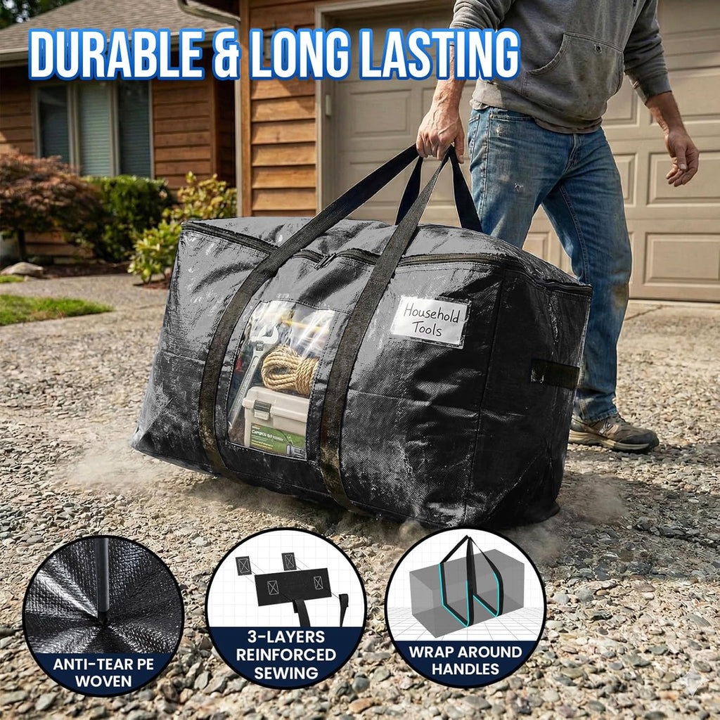 TAILI Extra Large Moving Bags - 4 Pack Heavy Duty Black Totes with Visible Window & Wrap Around Handles
