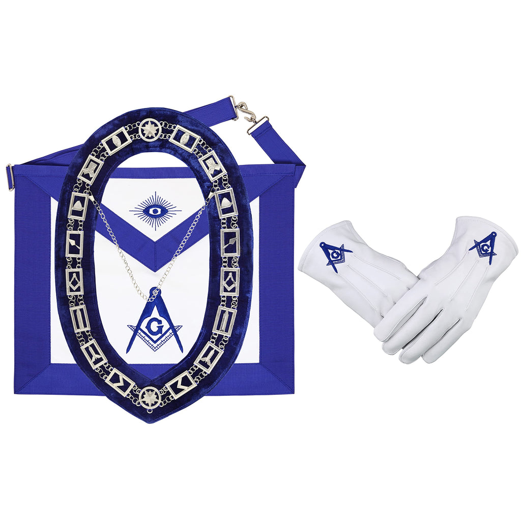 MASONIC BLUE LODGE MASTER MASON 100% LAMBSKIN APRON & WORKING TOOLS CHAIN COLLAR WITH MASTER MASON BLUE LODGE 100% LAMBSKIN GLOVE- HAND MADE