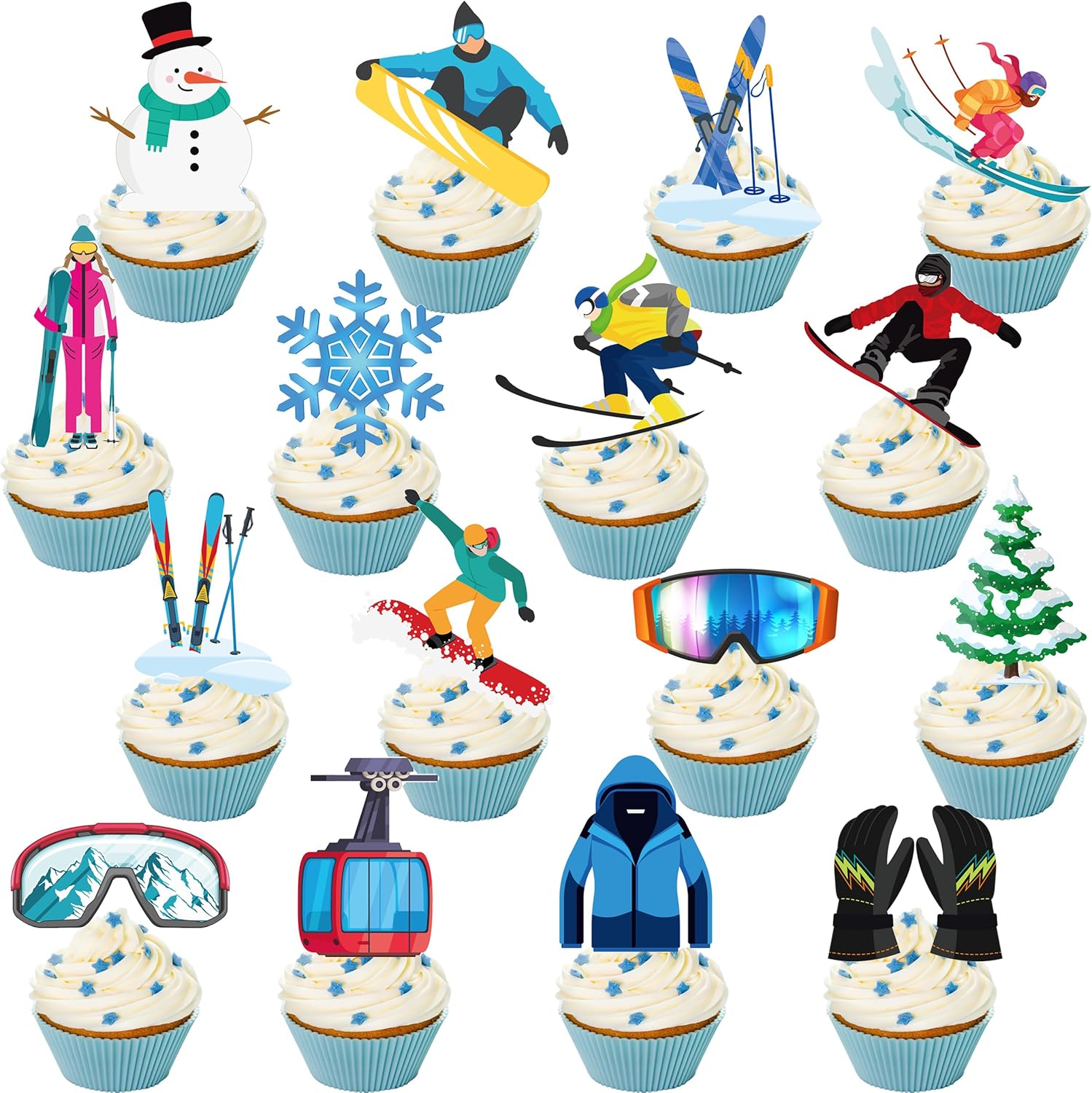 Skiennix Skiing Cupcake Toppers - 48Pcs Winter Party Decorations | Snowboard Birthday Picks