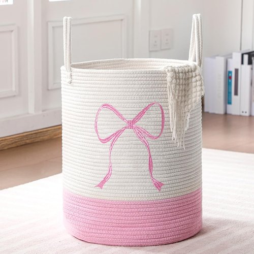 Honeydak Pink Laundry Basket - Coquette Cotton Rope Hamper for Girls | 15 x 17.7 Inches Storage Solution for Toys & Clothes
