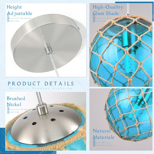 Blue Pendant Light Coastal Pendant Light Nautical Pendant Lighting Beach House Lighting Fixtures Ocean Lighting Fixture Coastal Hanging Light Fixtures Fish Float Glass Ball Lighting(Bulb Incl.