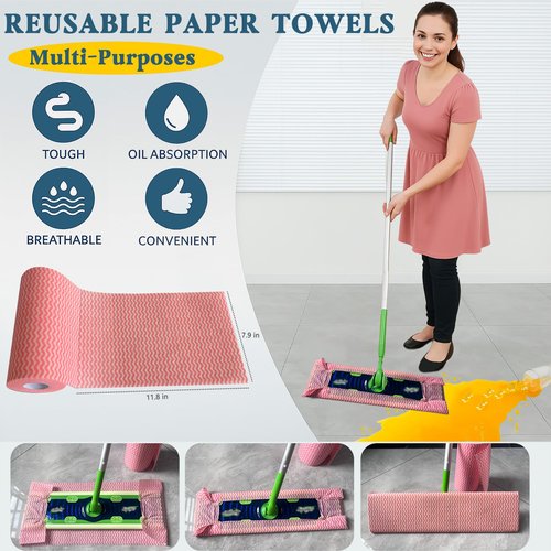 Reusable Paper Towels Washable, 60 Cts Disposable Kitchen Cloths for Cleaning Counters, Multi-Purpose, Pink Roll