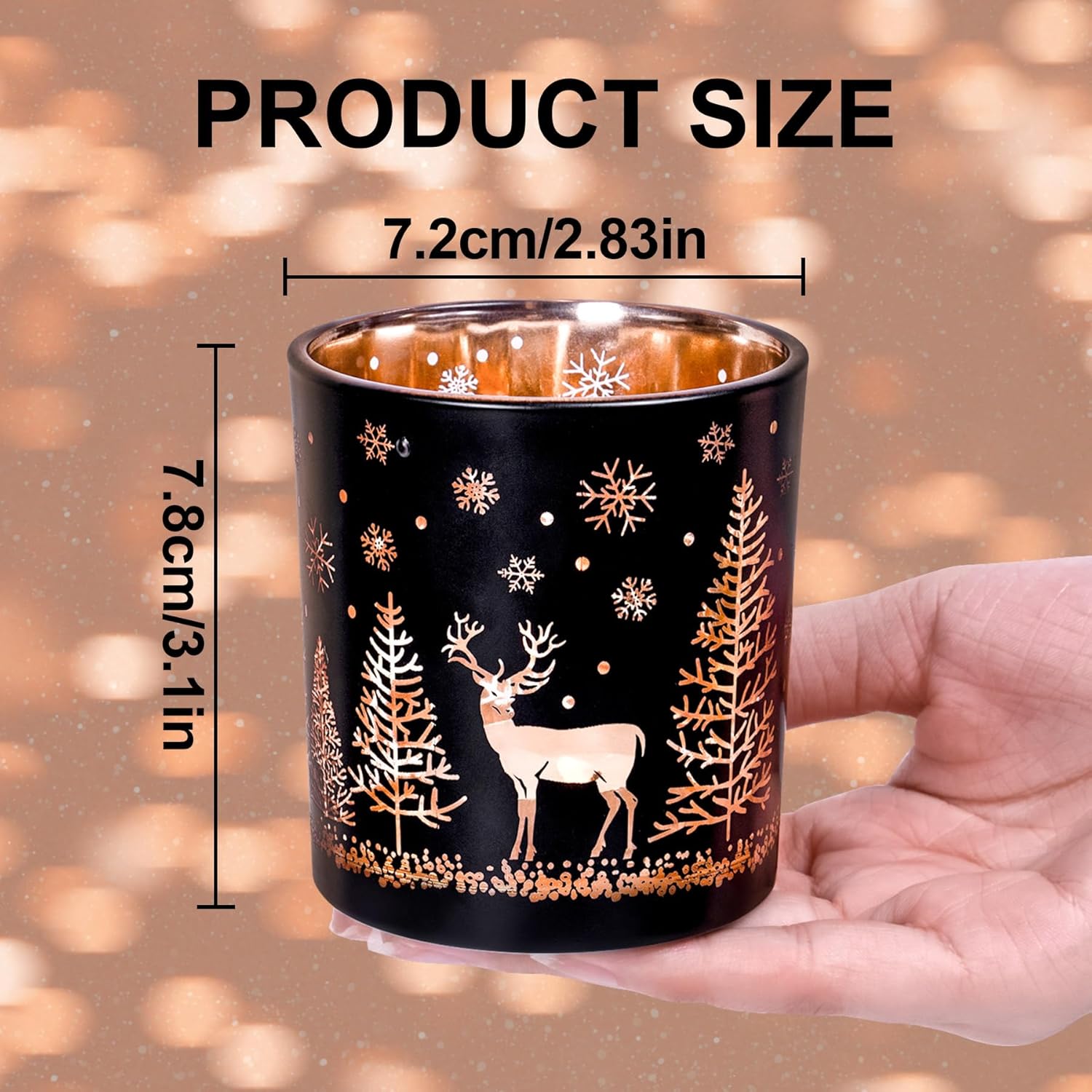 Skiennix Votive Candle Holders - Black and Gold Glass Tealight Set of 3 | Festive Elk, Tree & Snowflake Design