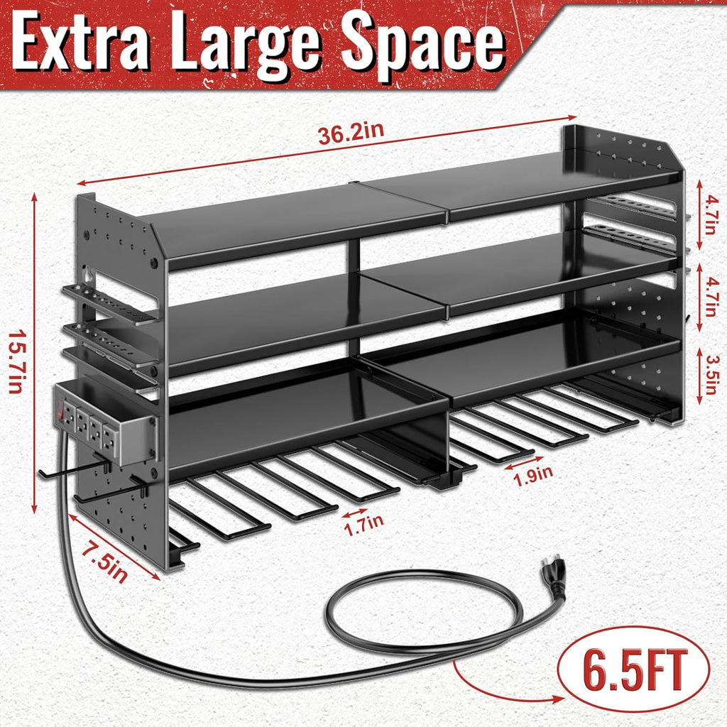 Skiennix Large Power Tool Organizer - Heavy Duty Wall Mount with Charging Station | 4 Layers, 8 Drill Holders, Black