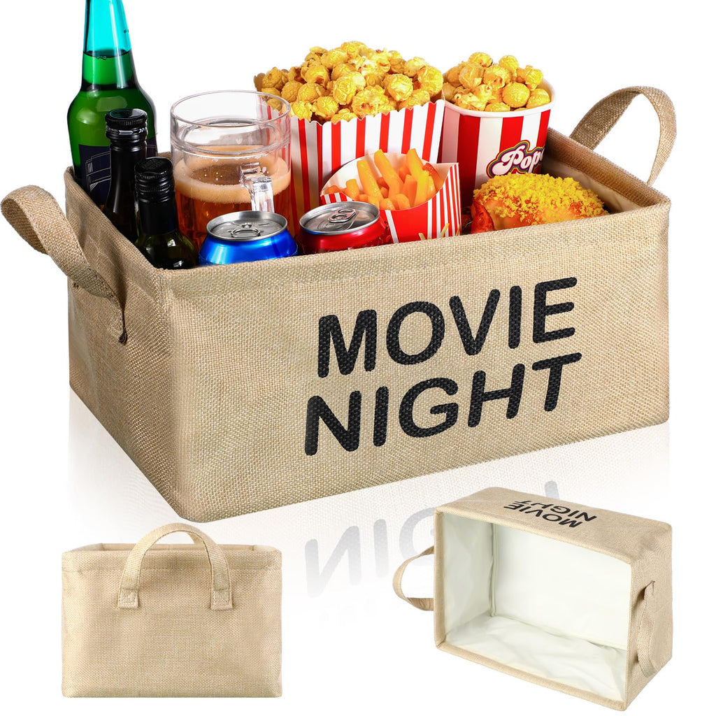 Gandeer Large Movie Night Snack Basket with Handles Movie Night Snack Tray Reusable Burlap Storage Organizer for Theater Popcorn Bucket Bowl Box Container Family Film Holiday Parties(Khaki, Classic)
