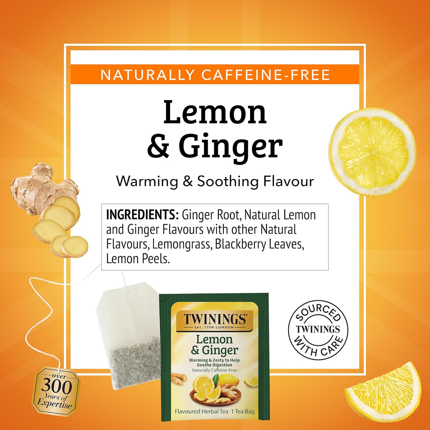 Twinings Lemon & Ginger Herbal Tea - Caffeine-Free, Tangy & Spicy, 120 Individually Wrapped Bags