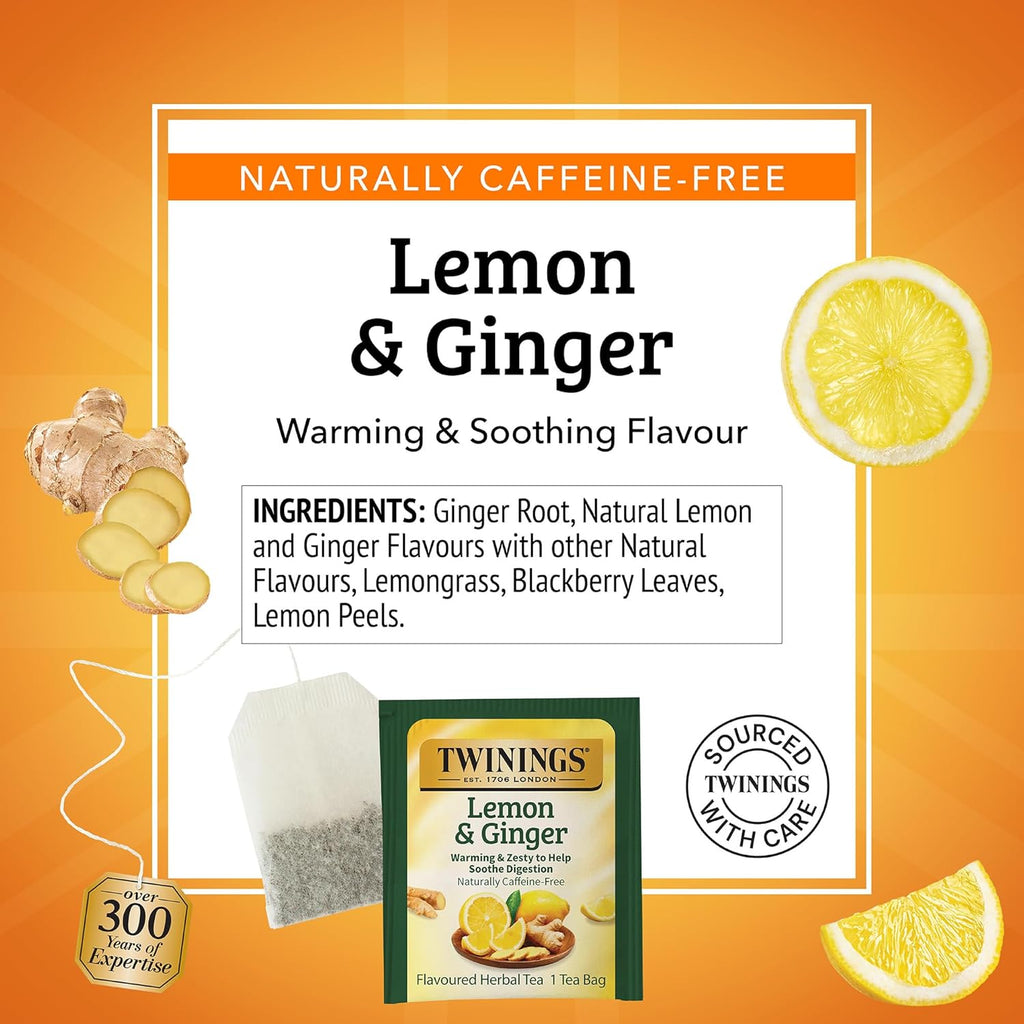 Twinings Lemon & Ginger Herbal Tea - Caffeine-Free, Tangy & Spicy, 50 Individually Wrapped Bags (Pack of 6)