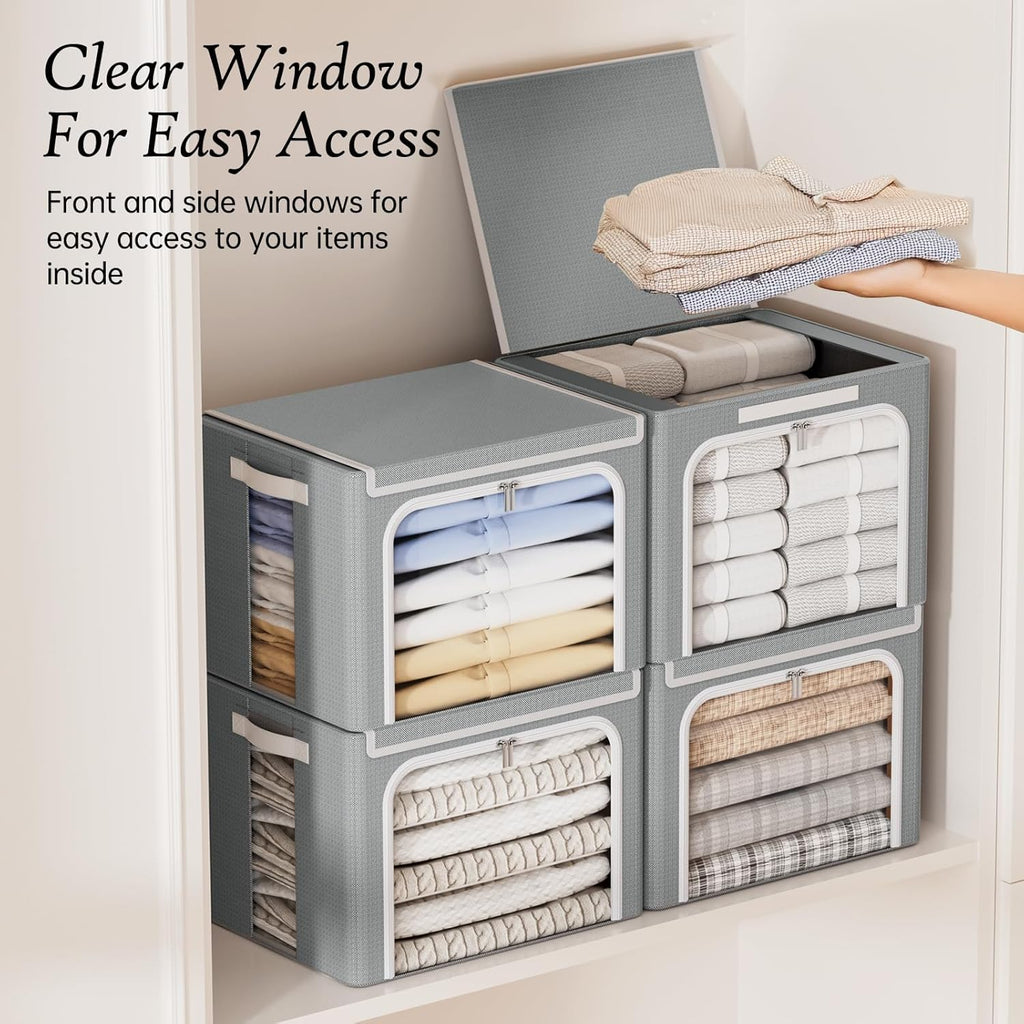 Yecaye Clothes Storage Bins - 40L Foldable Organizer with Metal Frame & Clear Window | Stackable Zippered Bags