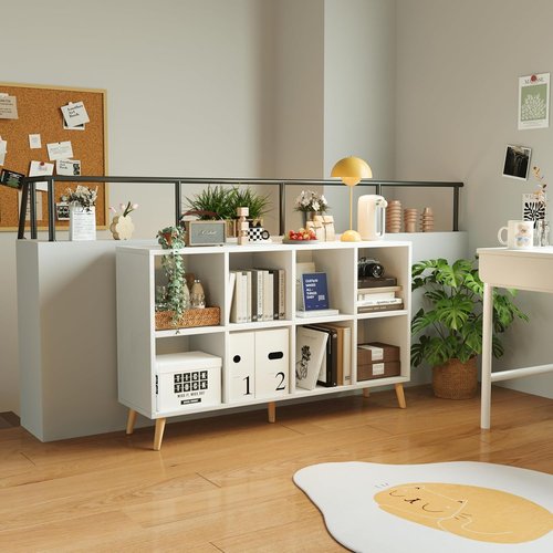 Flrrtenv 8-Cube Bookshelf - Modern 2-Tier Bookcase with Legs | 47" Wood Storage Organizer in White