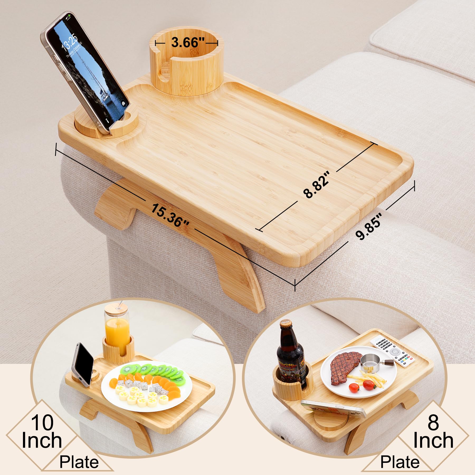 Sofa Arm Tray Linsongmax Large Couch Cup Holder Tray with Rotated Swappable Cup Holder Phone Stand Fit Various Armrest Sofa Side Tables for Living Room,15.36x9.85inch Bamboo Natural