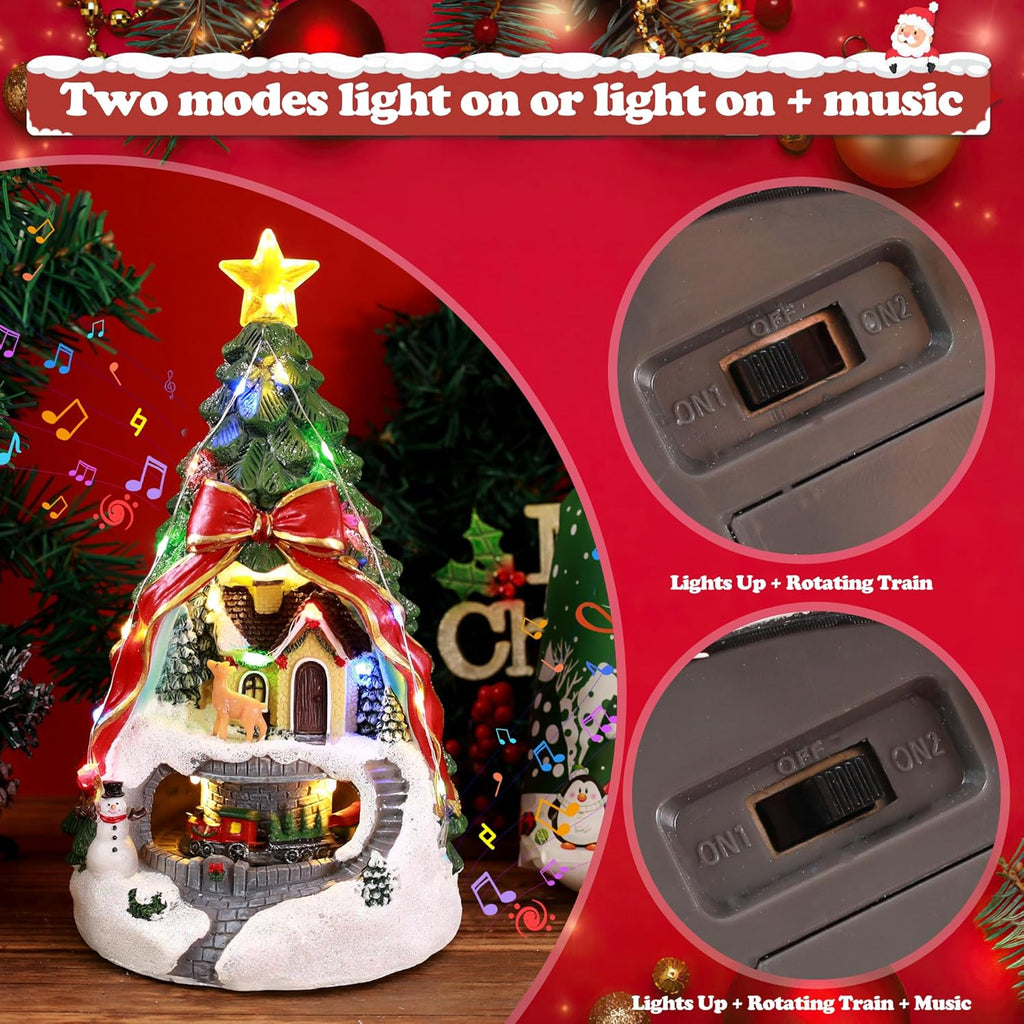 Musical Christmas Village with Spinning Train & Deer | Pre-Lit Artificial Tree - Battery & USB Operated - Festive Tabletop Decor