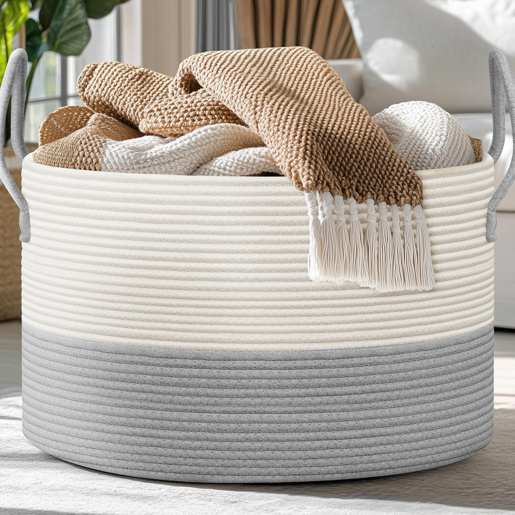 noonkty Blanket Basket Living Room - Toy Storage Basket, 21.7" X 21.7" X 13.8" XXL Cotton Rope Woven Laundry Baskets with Handles, Large Baskets for Storage Nursery Hamper