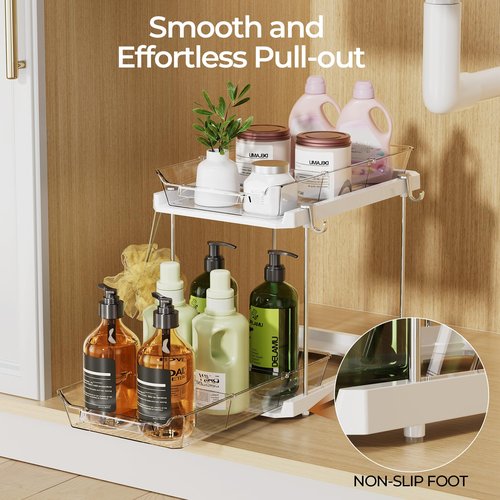 Delamu 2 Tier Bathroom Under Sink Organizers and Storage with Hook, Multi-Purpose Cabinet Drawers with Movable Dividers, Pull Out Organization for Countertop, Kitchen and Pantry(White, 4 Pack)