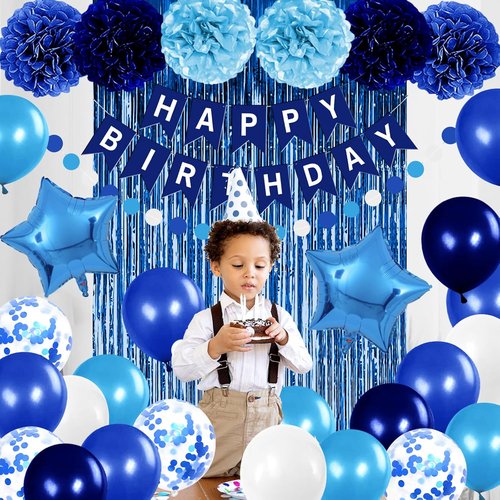 Blue Birthday Party Decorations - Skiennix Happy Birthday Banner & Balloons | Navy & Light Blue Pom Poms