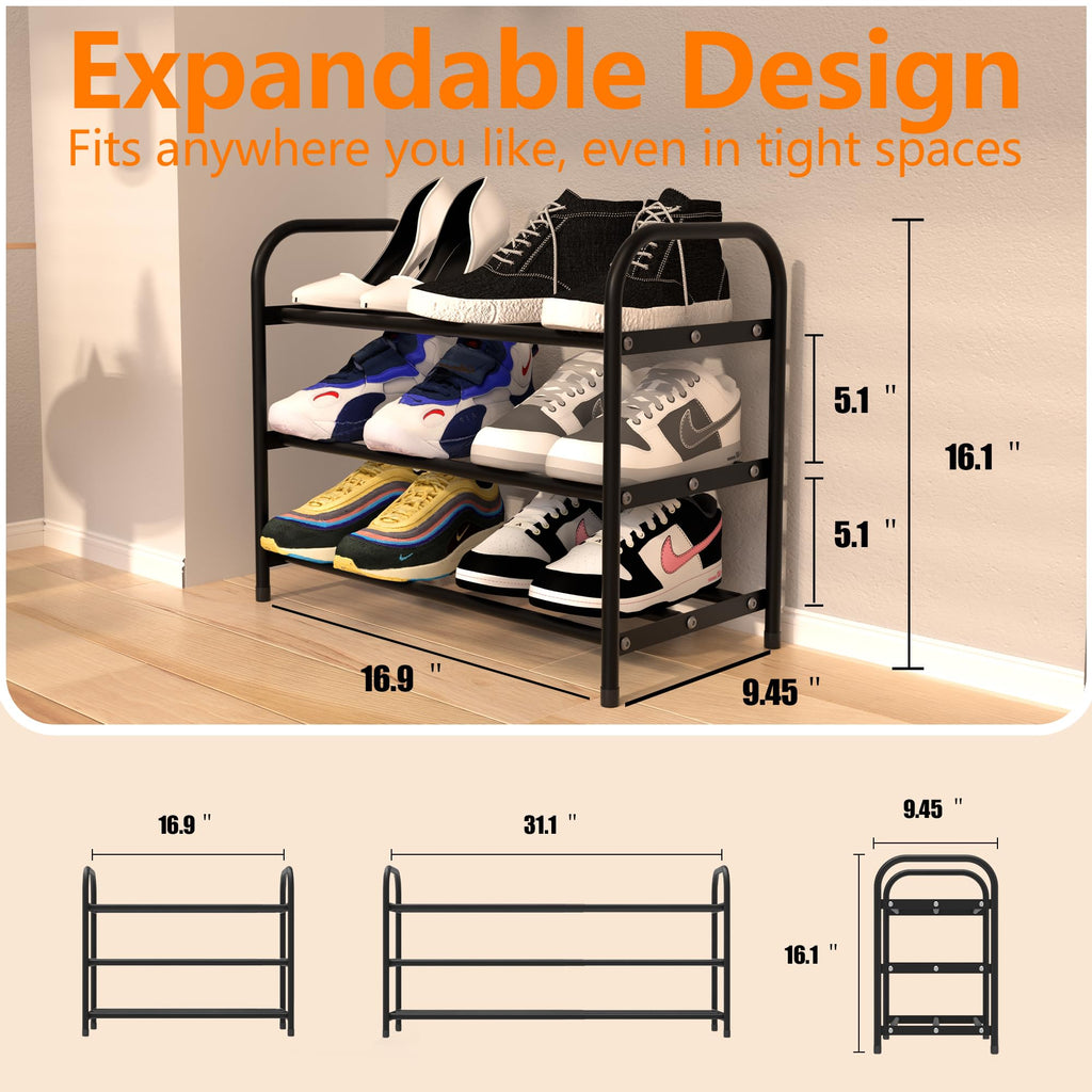 Flurose 3-Tier Expandable Shoe Rack, Adjustable Width Shoe Organizer for Closet & Entryway, Extendable Metal Shoe Rack for Inside Closet, Space-Saving Shoe Storage Shelf Stand – Black
