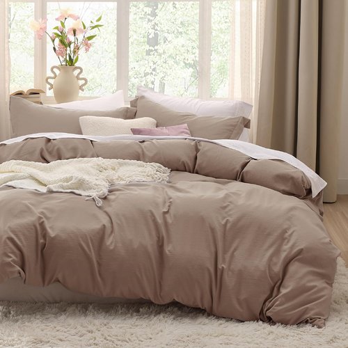 Bedsure Khaki Duvet Cover Set | Extra Soft Prewashed Cotton-Like Polyester | Queen Size 3-Piece 90x90 Inches with Zipper Closure