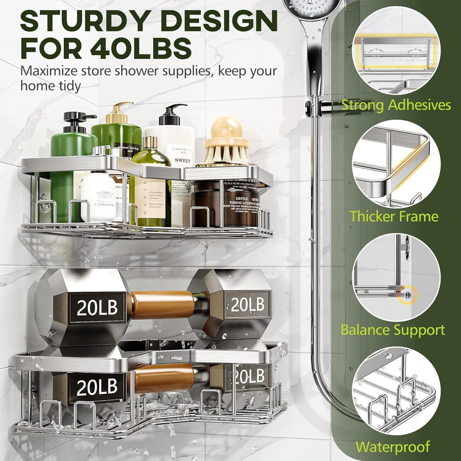 MAXIFFE X-Large Corner Shower Caddy - Sturdy Stainless Steel Organizer with Soap Holder | Easy Install, Holds 40 LB, Silver