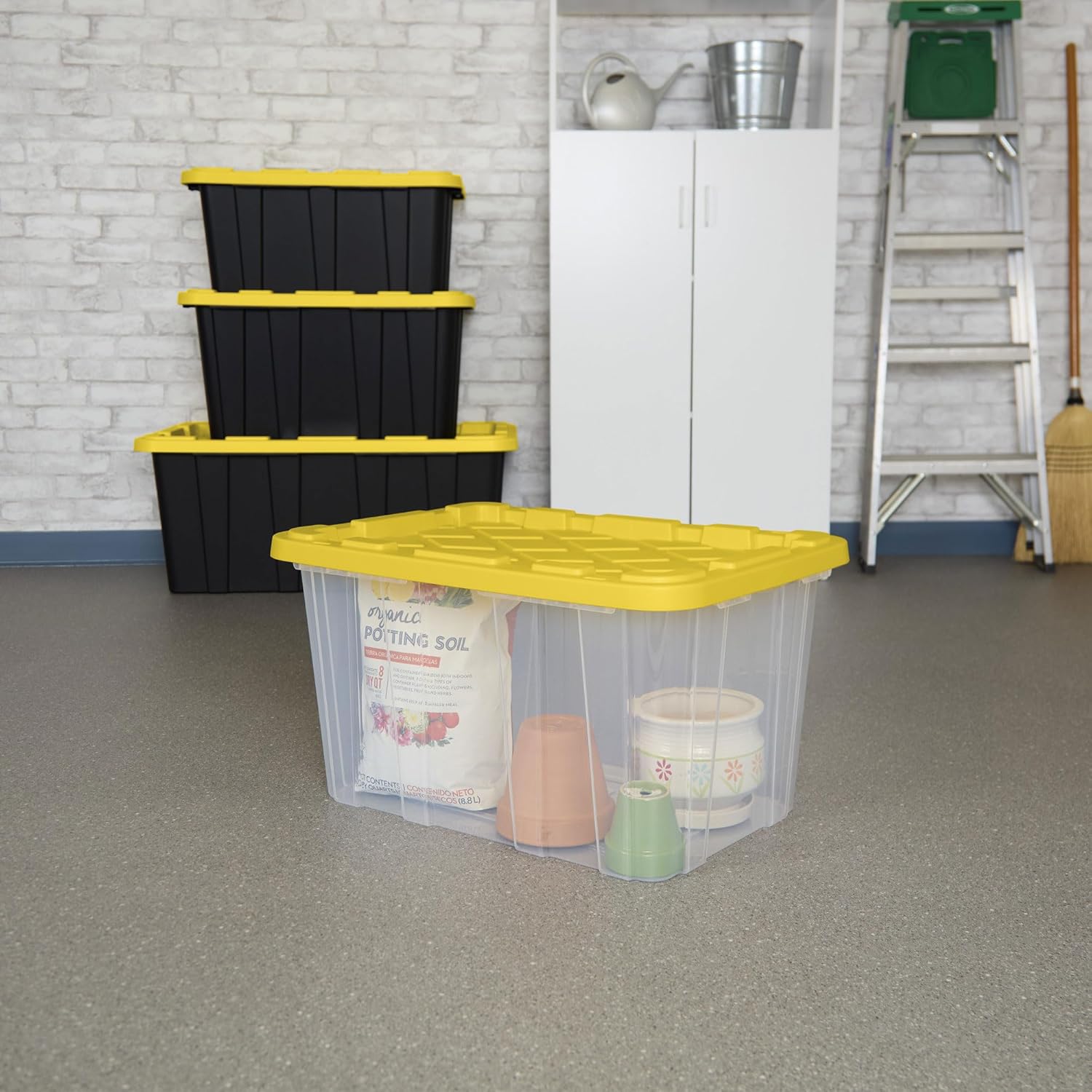 Sterilite 27 Gallon Industrial Tote - 8-Pack Clear Plastic Storage Bins with Yellow Lids for Heavy-Duty Organization