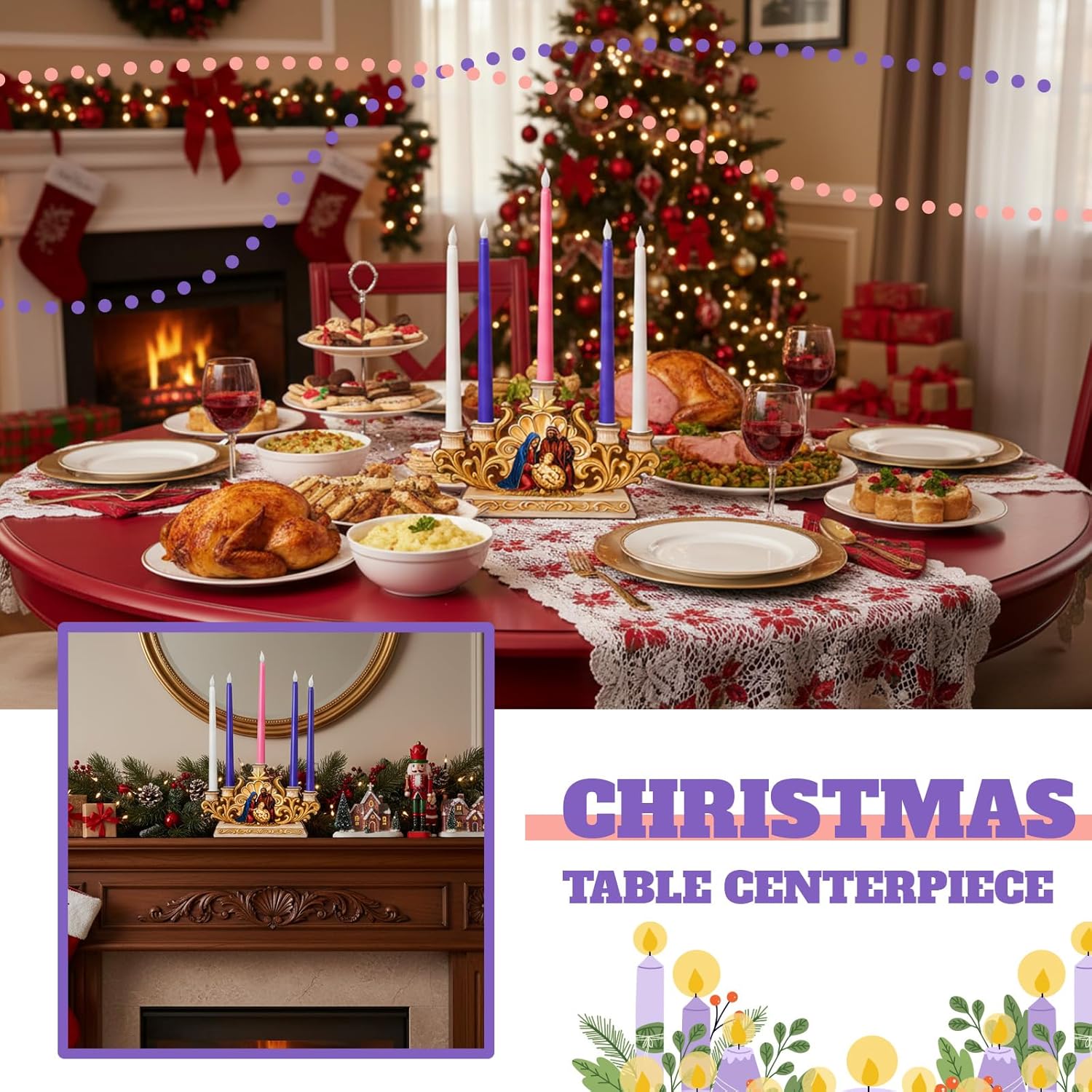 Qinyoung Advent Candle Holder - 5 Pcs Flameless Candles with Nativity Scene | Religious Home Decor