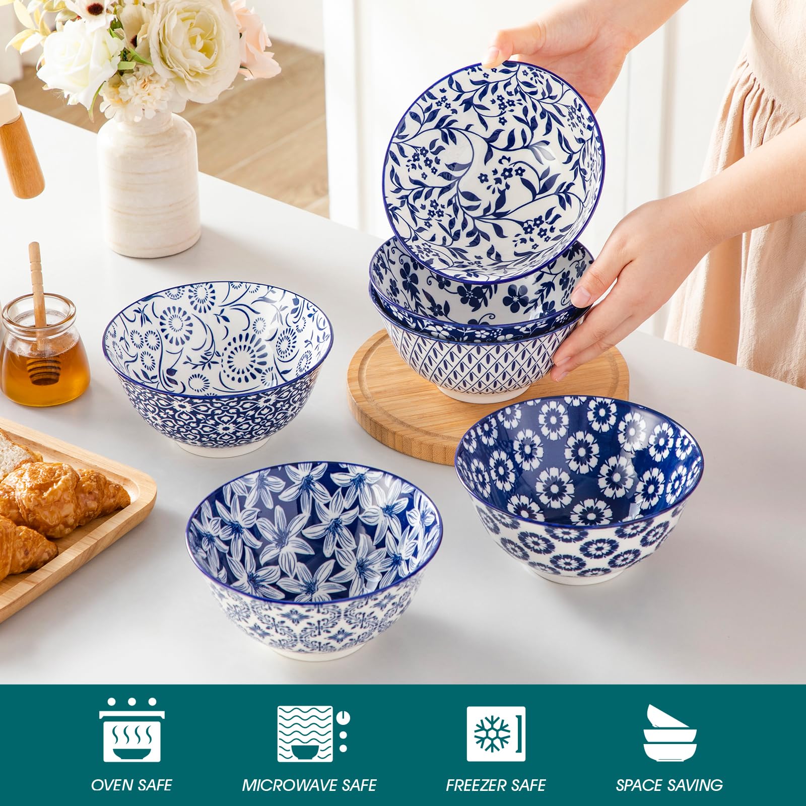 vancasso SELENE 24 oz Cereal Bowls set of 6, Ceramic Soup Bowls for Kitchen, Dishwasher & Microwave Oven Safe- for Cereal, Soup, Pasta, Salad, Blue & White Floral Design Bowl Set