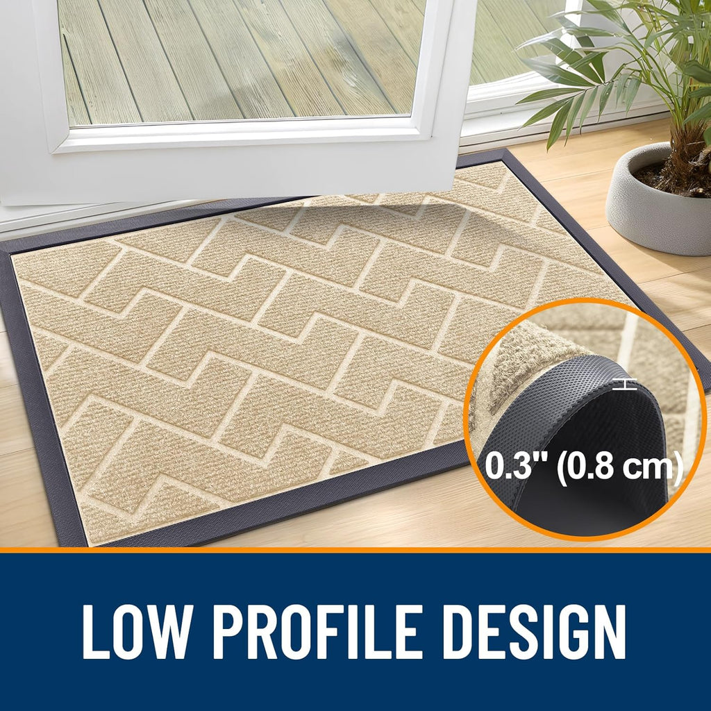 OLANLY Waterproof Front Door Mat - All-Season Herringbone Design | Sturdy Natural Rubber, Easy Clean (Beige, 71x23)